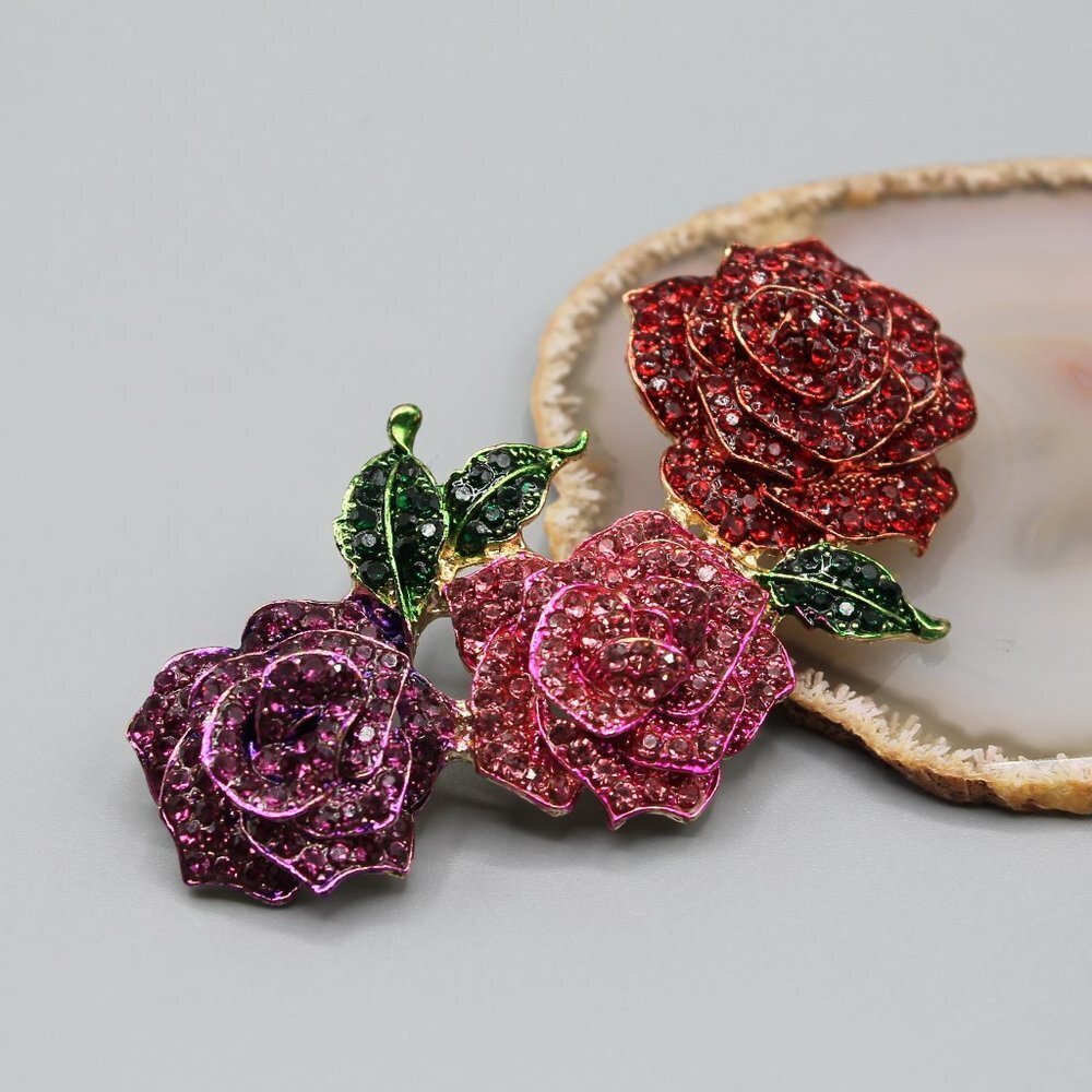 Jewelry pin brooch rose roses flower large gold tone pink red purple fashion